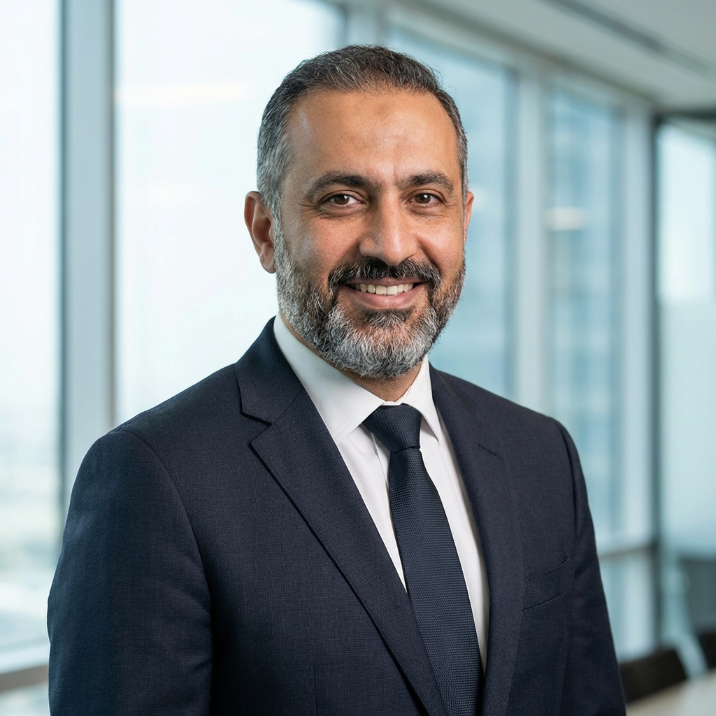 Smiling man with a beard wearing a navy blue suit in a bright office.